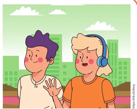 Dos amigos conversando; uno con auriculares escuchando.