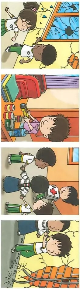 Cuatro escenas ilustradas: niño comiendo solo, niño con un doctor, niña jugando con muñeca, niño con utensilios.