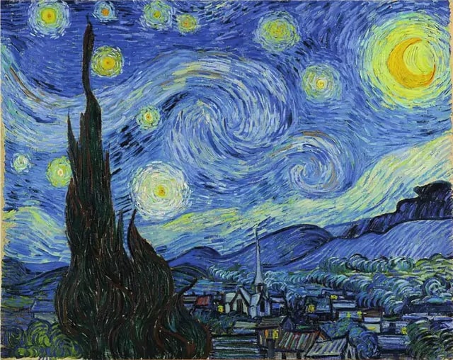 Reproducción de 'The Starry Night' de Van Gogh: cielo azul oscuro con remolinos, estrellas amarillas brillantes, luna creciente, y siluetas de un pueblo y árbol negro en primer plano.