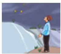 Ilustración de una persona de pie al aire libre mirando el horizonte, con cielo nocturno de fondo (ilustrando 'qhaway/qaway' = mirar). La palabra aparece rotulada con <qh> destacado en rojo.