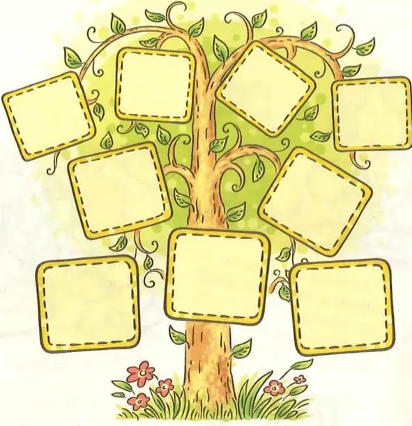 Árbol genealógico ilustrado con espacios en blanco (tarjetas) para que el estudiante complete.