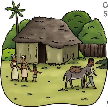Ilustración de una escena rural del palenque: niñas, una mujer, una choza de paja, gallinas y un burro en el campo.