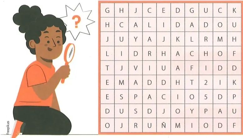 Ilustración de una niña de piel oscura con cabello recogido, sosteniendo una lupa y mirando con curiosidad. Está en posición sentada. Acompaña la sopa de letras del ejercicio 6. Crédito: freepik.es.