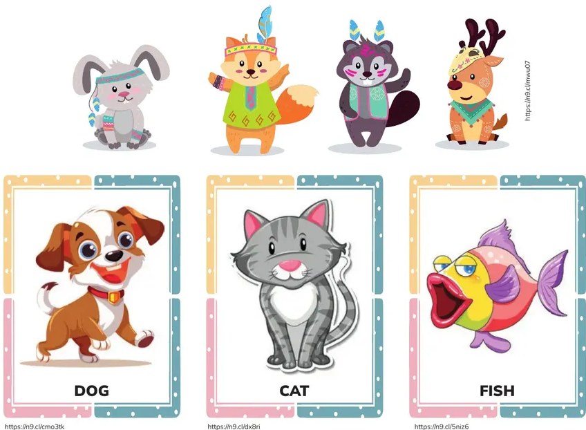 Tres tarjetas: DOG (perro café y blanco), CAT (gato gris) y FISH (pez colorido).