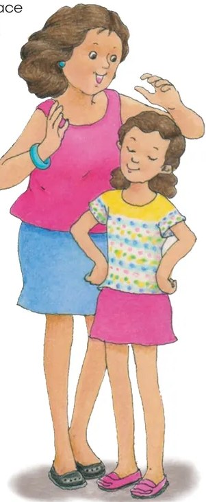 Ilustración a color de una mujer adulta (tía Juana) de cabello oscuro con blusa rosa y falda azul, junto a una niña (Ana) de cabello en cola, camiseta colorida y zapatos rosas. La adulta mide la altura de la niña con la mano, mostrando el crecimiento.
