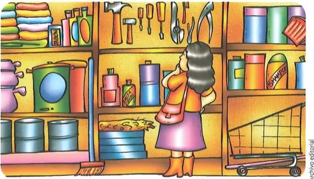 Ilustración de bodega con artículos de limpieza.