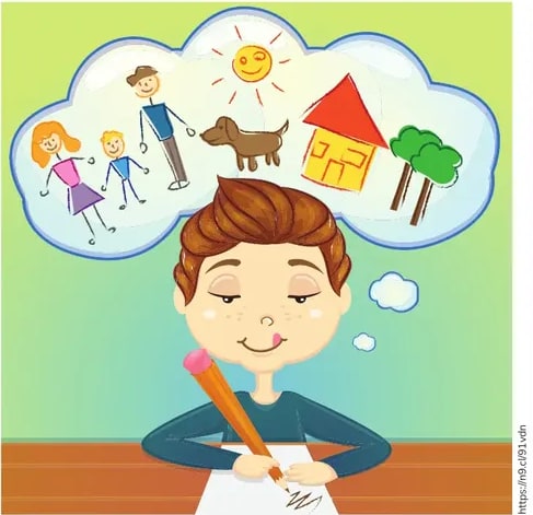Niño con un lápiz pensando, sobre su cabeza una nube con dibujos infantiles (familia, casa, sol, perro, árbol).