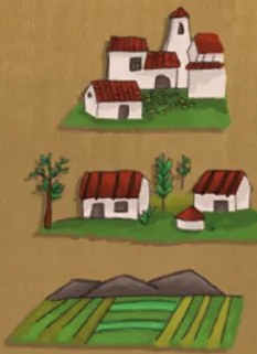 Ilustración de un pueblo pequeño con casas y árboles verdes.