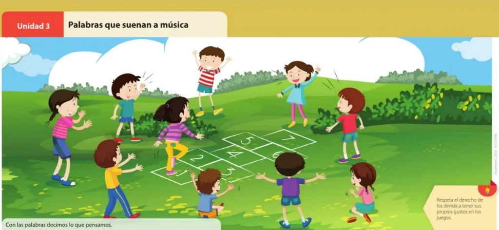 Ilustración de niños jugando rayuela en un parque.