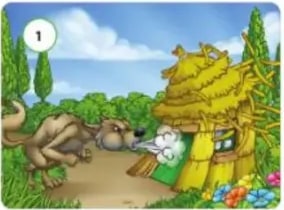 Cuatro escenas para clasificar (lobo y casa, Caperucita, lobo escondido, cerditos felices).
