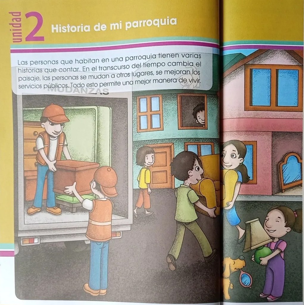 Tres íconos circulares que representan los temas a aprender (acontecimientos, lugares-personajes, minga).