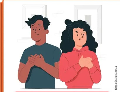 Pareja (mujer y hombre) con la mano en el corazón, expresando honestidad (HONEST).
