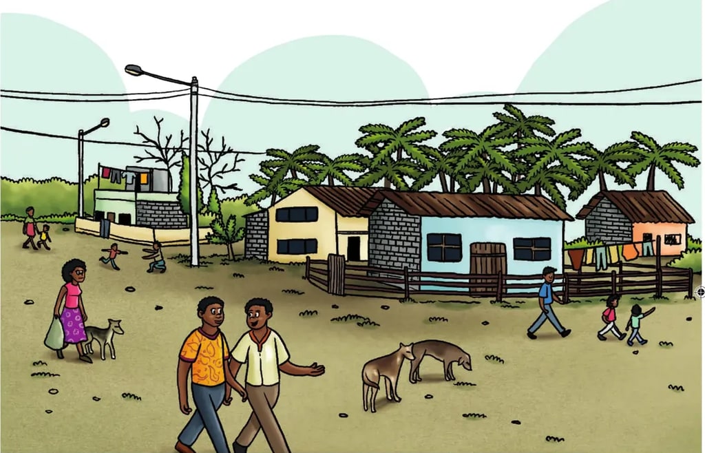 Ilustración de una calle de una comunidad afroecuatoriana con casas, palmeras y personajes: dos hombres saludándose, niñas y mujeres caminando, un burro, y un perro.
