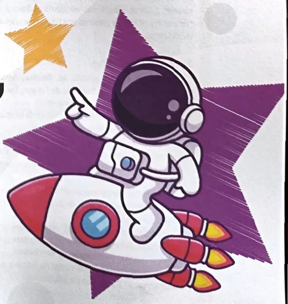 Ilustración del astronauta sobre cohete espacial con estrella decorativa, símbolo gráfico recurrente de la colección.