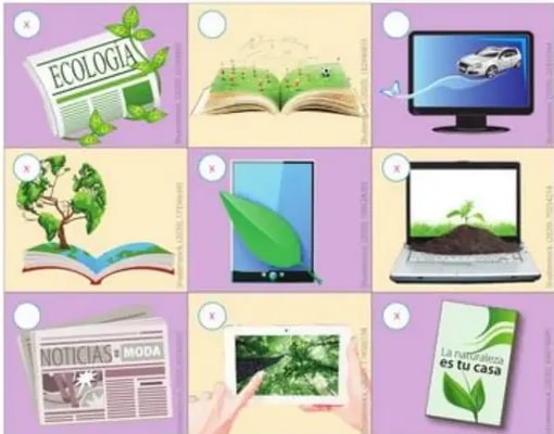 Mosaico 3x3 de elementos: revista 'Ecología', libro abierto con planta, computador, mapa, tablet, ordenador con brote, periódico 'Noticias Moda', tablet con bosque, folleto 'La naturaleza es tu casa'.