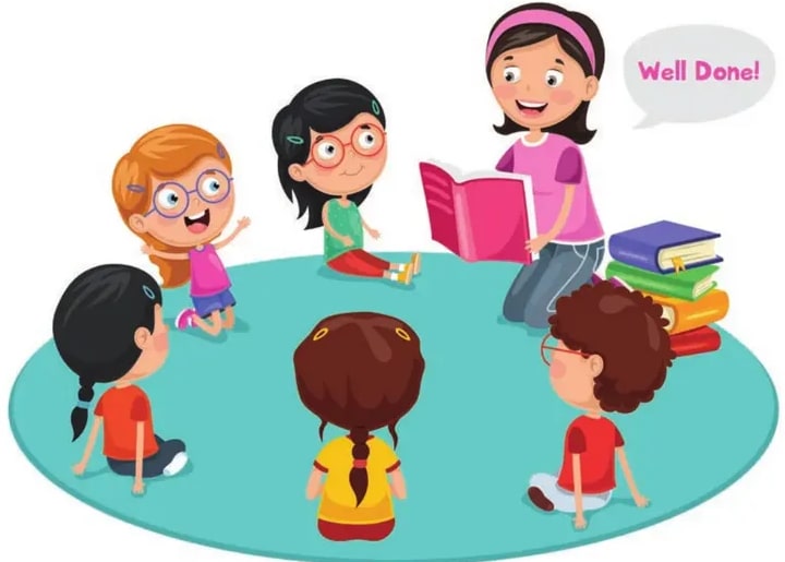 Ilustración de un grupo de niños sentados en círculo alrededor de una alfombra azul, con una maestra (de pie) leyendo un libro rosado. Globo de diálogo dice 'Well Done!'.