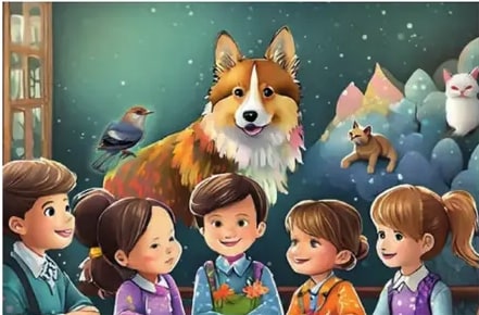 Ilustración fantástica: un perro grande de muchos colores (lomo arcoíris) en un paisaje mágico, con un pájaro azul, un gatito naranja y una oveja blanca, y cuatro niños sonrientes observando.