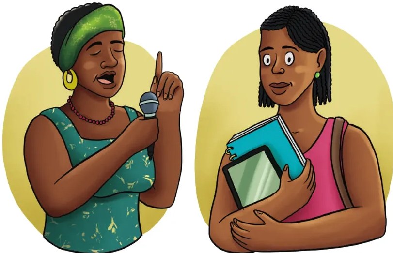 Ilustración de dos mujeres afroecuatorianas dentro de óvalos: una mayor con turbante, gesto de hablar/enseñar; una joven con libros en los brazos, representando la transmisión de saberes entre generaciones.