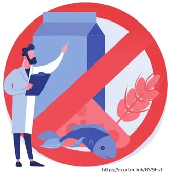 Ilustración con símbolo prohibido (círculo rojo con franja) sobre lácteos, granos y pescado; un personaje con bata blanca explica.