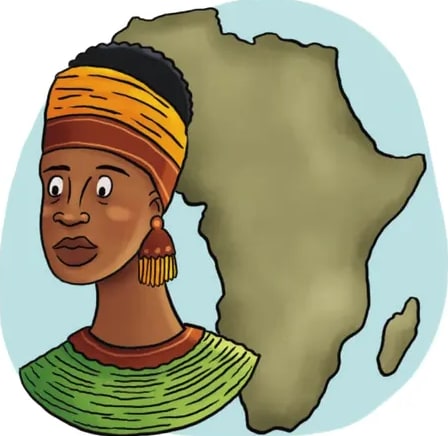 Ilustración de una mujer afrodescendiente con turbante rojo y vestimenta amarilla, cantando o emitiendo notas musicales, sobre fondo de motivos decorativos.
