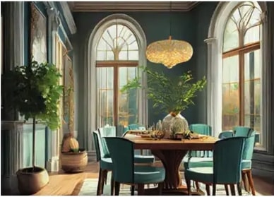 Fotografía realista de un comedor amplio con mesa redonda y sillas turquesas, ventanas arqueadas y plantas.