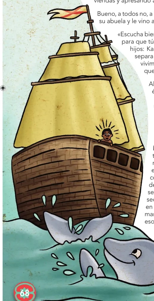 Ilustración a doble página de un velero (galeón esclavista) navegando en el mar, con peces y olas grandes.