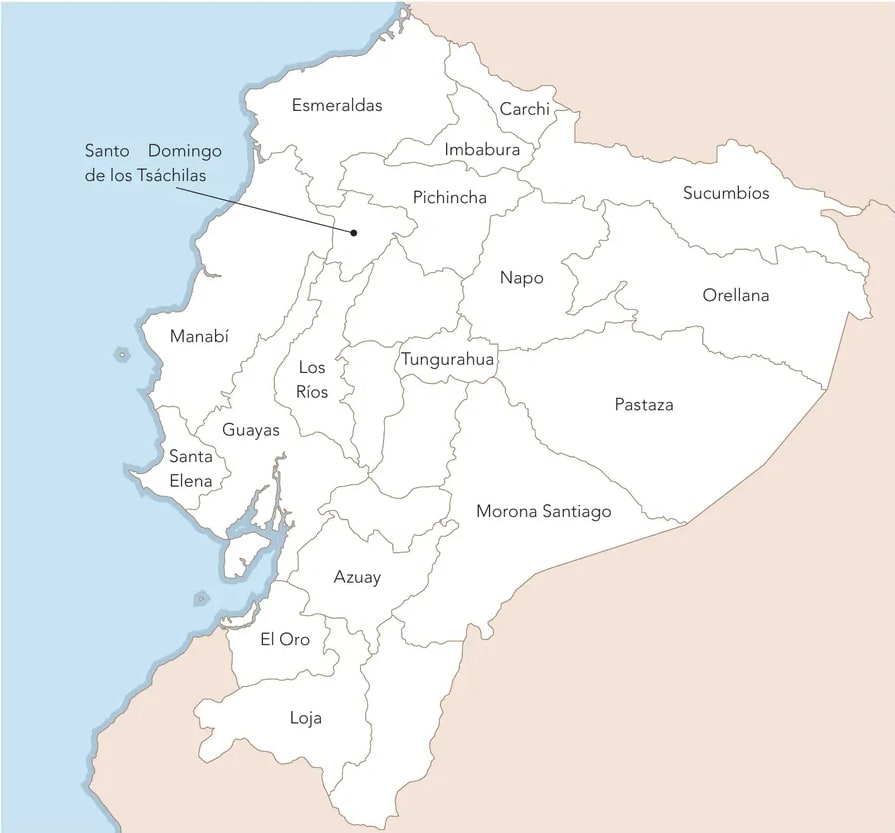 Mapa político del Ecuador continental con las provincias rotuladas: Esmeraldas, Carchi, Imbabura, Pichincha, Santo Domingo de los Tsáchilas, Sucumbíos, Napo, Orellana, Manabí, Los Ríos, Guayas, Santa Elena, Tungurahua, Pastaza, Azuay, Morona Santiago, El Oro y Loja. Fondo claro y contorno verde.