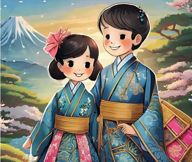 Ilustración de un niño y una niña japoneses sonrientes vistiendo kimonos coloridos (azul y rosa con flores), con el monte Fuji al fondo.