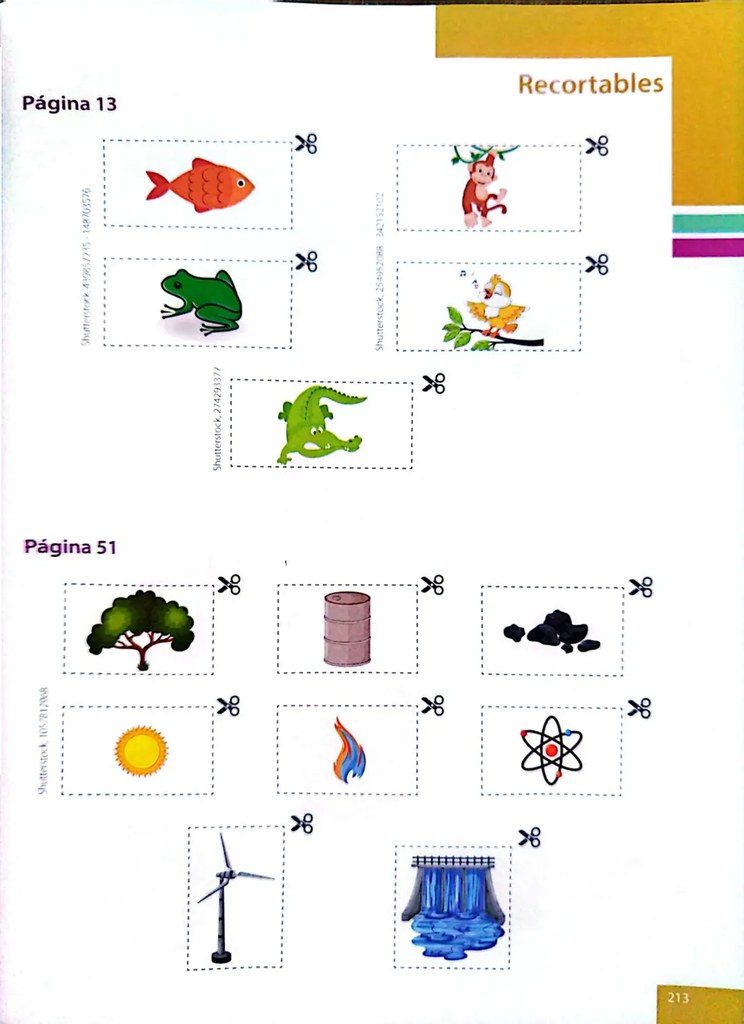 Recortables Pag 51: árbol, barril, carbón, sol, fuego, átomo, aerogenerador, agua hidráulica