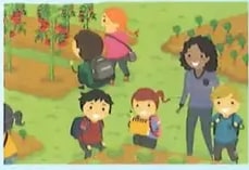 Niños cuidando un huerto escolar con su maestra.