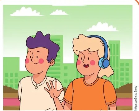 Dos chicos: uno habla y el otro escucha con audífonos en una escena urbana.