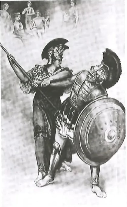 Ilustración digital estilo antiguo que acompaña el texto de La Ilíada. Muestra personajes con vestimentas de la Antigua Grecia (togados, con armaduras) en una escena que evoca el consejo de los reyes aqueos. La ilustración refuerza el contexto histórico del texto. La imagen aparece en la parte derecha superior de la página.