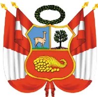 Escudo Nacional del Perú: escudo cuartelado que representa la vicuña (fauna), el árbol de la quina (flora) y la cornucopia con monedas (riqueza minera), con guirnaldas de palma y laurel.