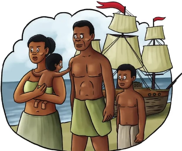 Ilustración de mujeres y hombres afrodescendientes en la costa, con vestimentas tradicionales, palmeras y un barco al fondo, simbolizando la llegada y arraigo.