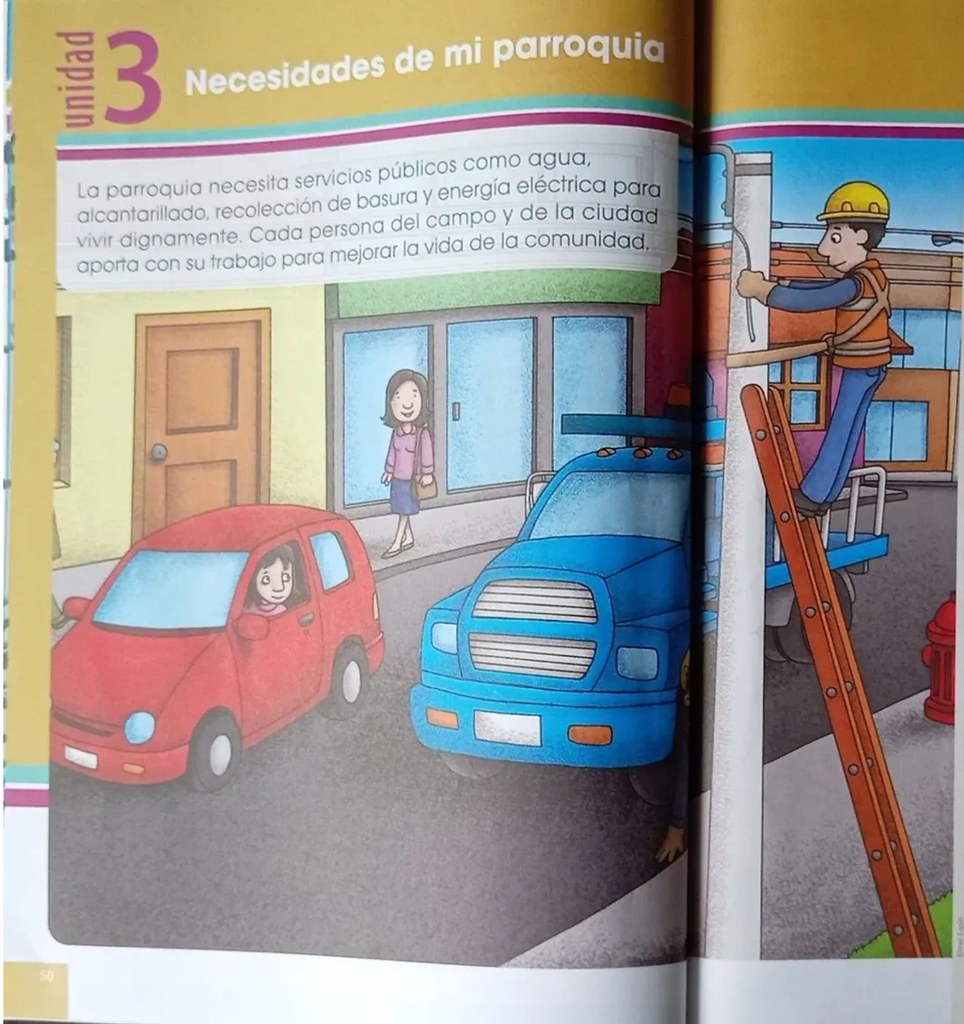 Cuatro íconos que representan los temas a aprender (actividades económicas, servicios públicos, derechos del tránsito, uso de servicios).