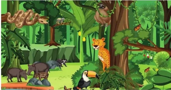Ilustración de la selva con varios animales: serpiente trepando, perezoso, mono, jaguar, tucán, tapires.
