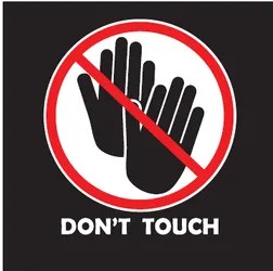 Ícono prohibitorio con dos manos negras y un símbolo de prohibición rojo y el texto 'DON'T TOUCH'.