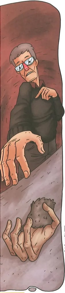 Ilustración a color que muestra al señor White en la oscuridad, de pie en el zaguán, sosteniendo la pata de mono. Su expresión es de terror. La ilustración captura el momento más aterrador del relato, con efectos de claroscuro.