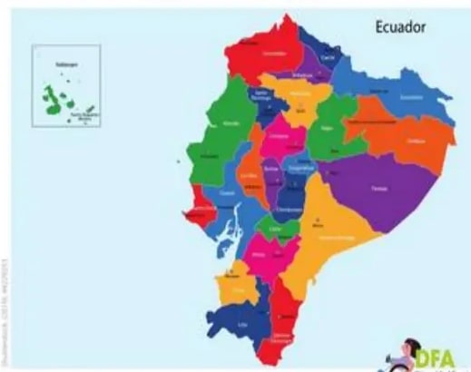 Mapa político del Ecuador con provincias coloreadas.