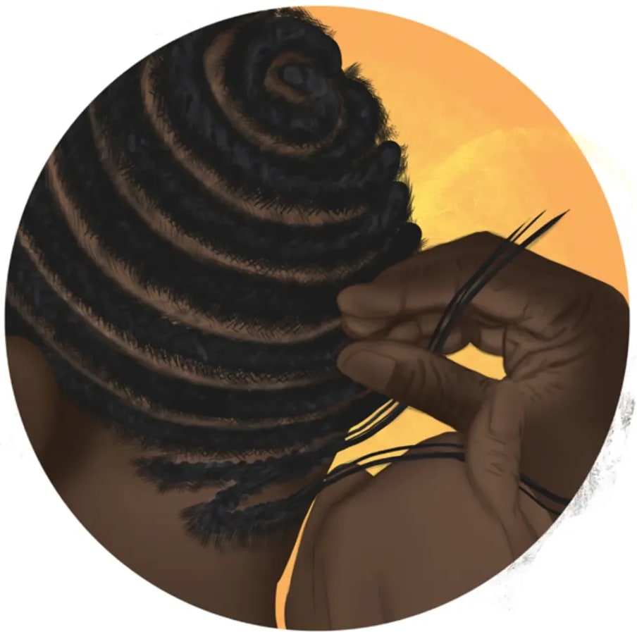 Ilustración de cabello afrotrenzado con manos realizando el peinado sobre fondo solar.