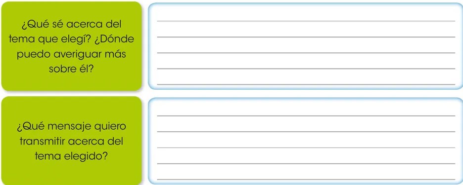 Cuadro de dos filas con fondo verde: contiene las preguntas de exploración del tema (actividad 8). Columna derecha en azul claro con líneas en blanco para que el alumno escriba.