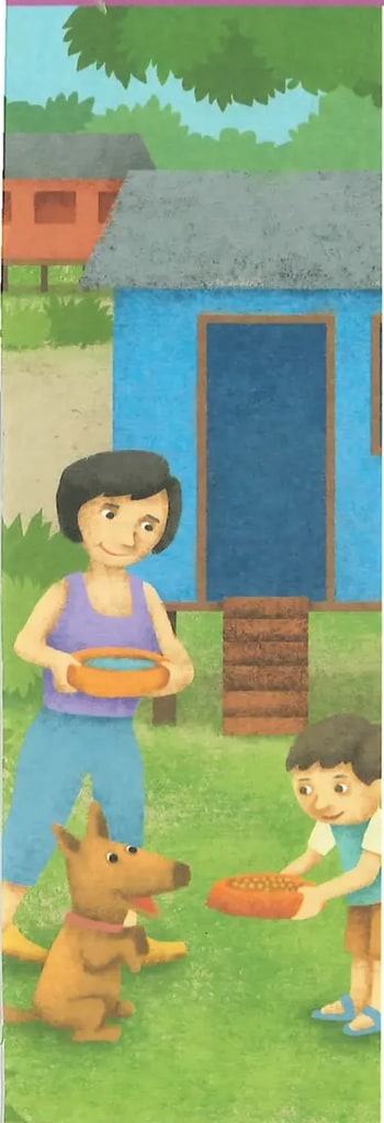 Mujer alimentando a un perro, niño con tazón cerca de una casa de campo.