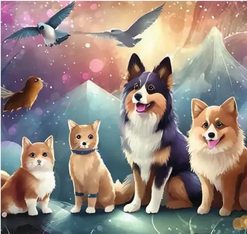 Ilustración onírica de aves volando sobre montañas iluminadas, y al frente cuatro mascotas: un gato blanco, un gato naranja, un perro grande tricolor y un perro pequeño anaranjado.