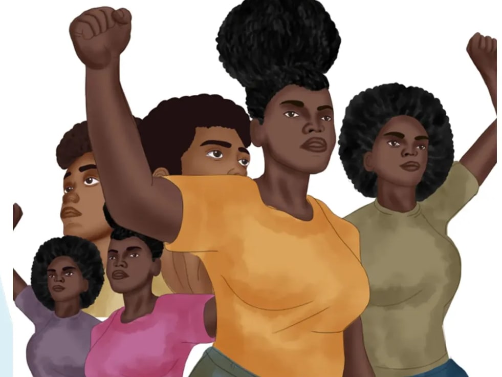 Ilustración grupal de mujeres afrodescendientes con cabellos voluminosos y puños alzados.