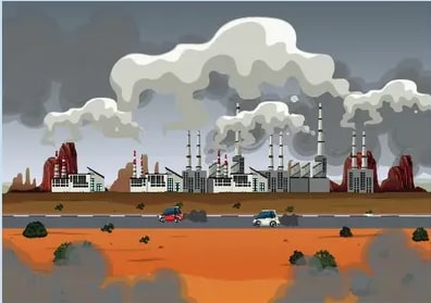 Ilustración de paisaje contaminado con fábricas humeantes y agua naranja-rojiza.