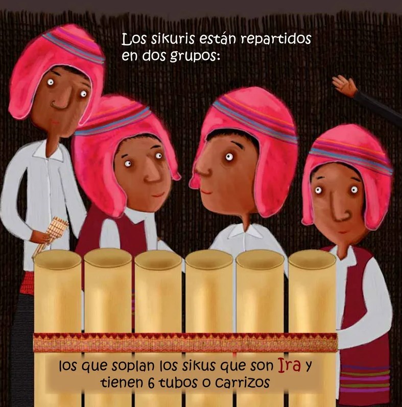 Ilustración del grupo Arka: tres músicos sikuris con vestimenta andina tradicional (ponchos y sombreros blancos) sosteniendo sikus de 7 carrizos. Fondo de carrizos de bambú.