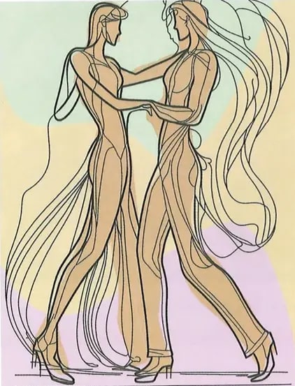 Ilustración de dos bailarines (pareja hombre y mujer) en estilo de línea elegante y estilizado. Las figuras tienen cabello largo y ropa fluida, y están en posición de vals o baile elegante. El estilo es decorativo y modernista, evocando la época y el tema del poema de José Martí. Fondo en colores pastel (verde claro, rosado). Se ubica en la parte izquierda junto al fragmento poético. Crédito: Pixabay.com.