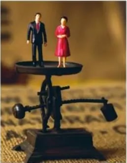 Figuras de hombre y mujer en una balanza equilibrada.