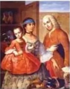 Pintura colonial de una mujer mestiza con niña.