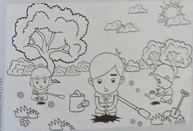 Ilustración en blanco y negro de niños cultivando con palas y regadera entre árboles, para colorear.